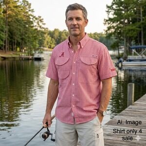 Alabama Crimson Tide Men M Red White Gingham Fishing Shirt Bama Southern Coastal